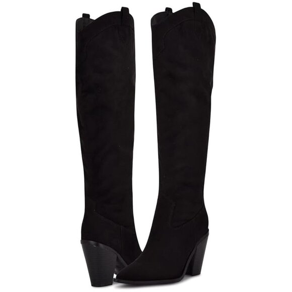 Nine West Shoes Klive Black Suede Knee High Western Heeled Boots